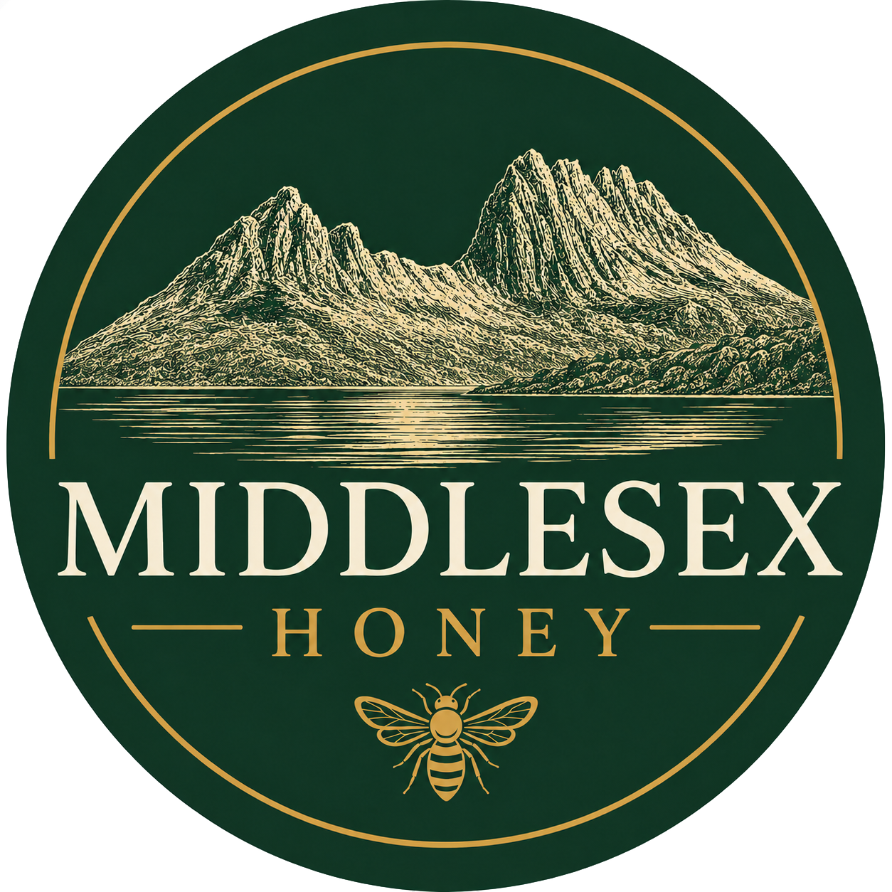 Middlesex Honey logo featuring Cradle Mountain, Tasmania, a bee and gold lettering on a dark green background