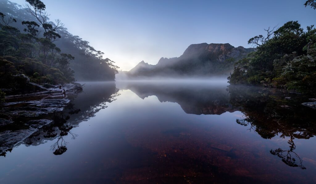 Misty mountain lake landscape in Tasmania